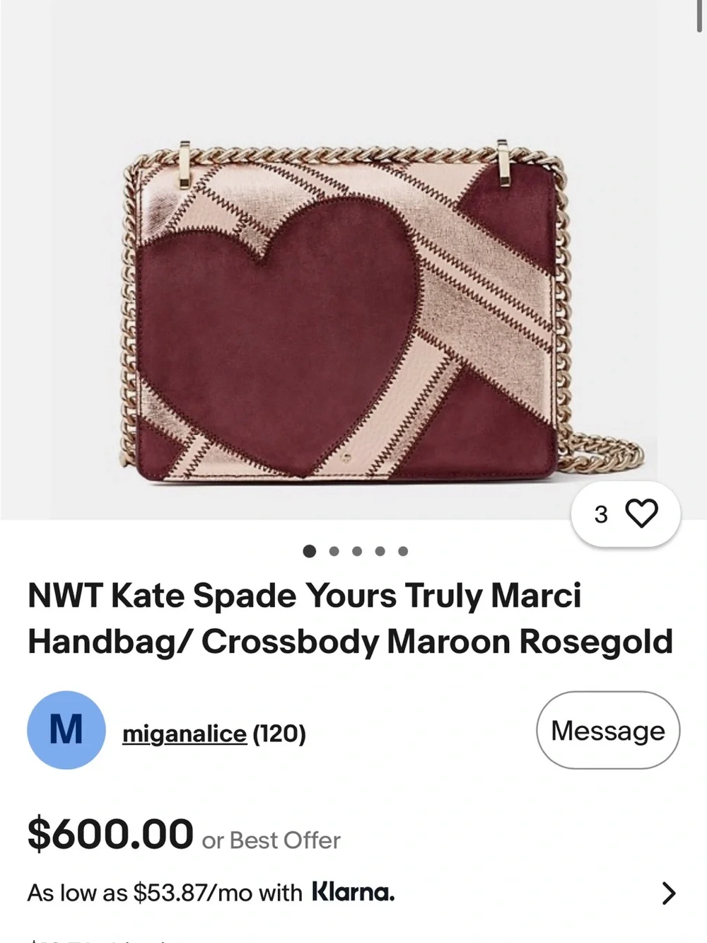 kate spade Burgundy and Rose Gold Heart Chain Shoulder Bag 